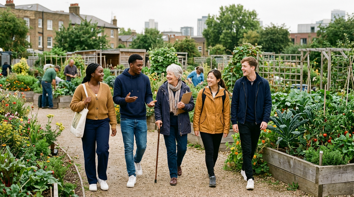 A group of people walking together through a community garden
